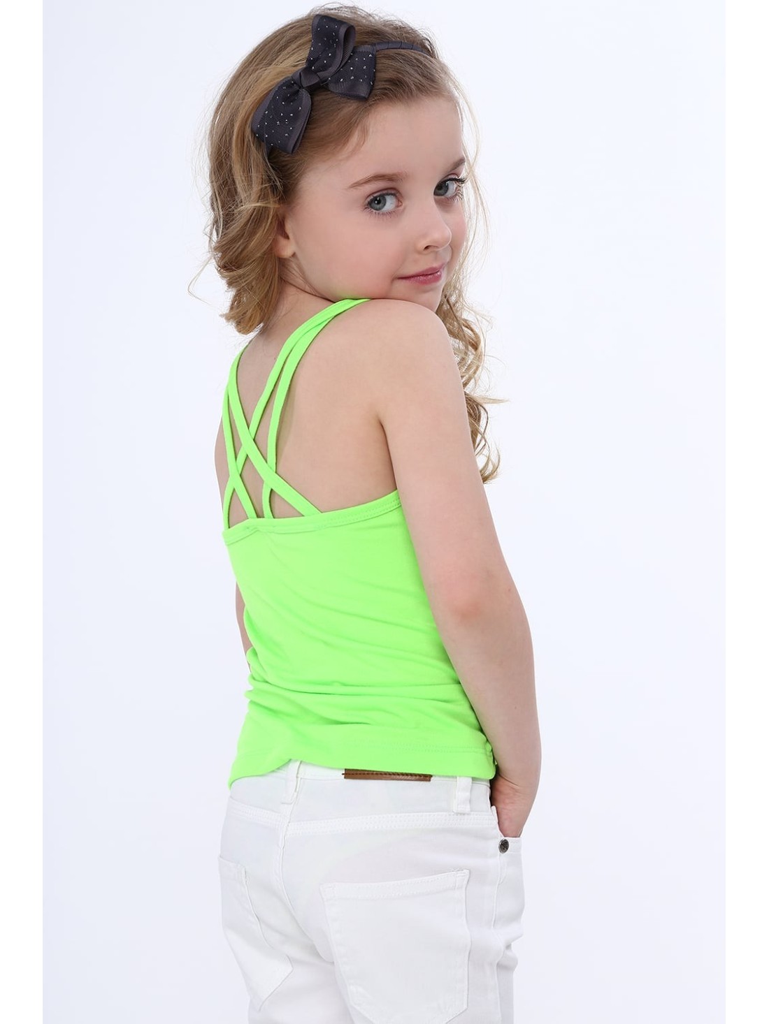 Girls\' T-shirt with double straps fluo green NDZ7772 - Online store - Boutique